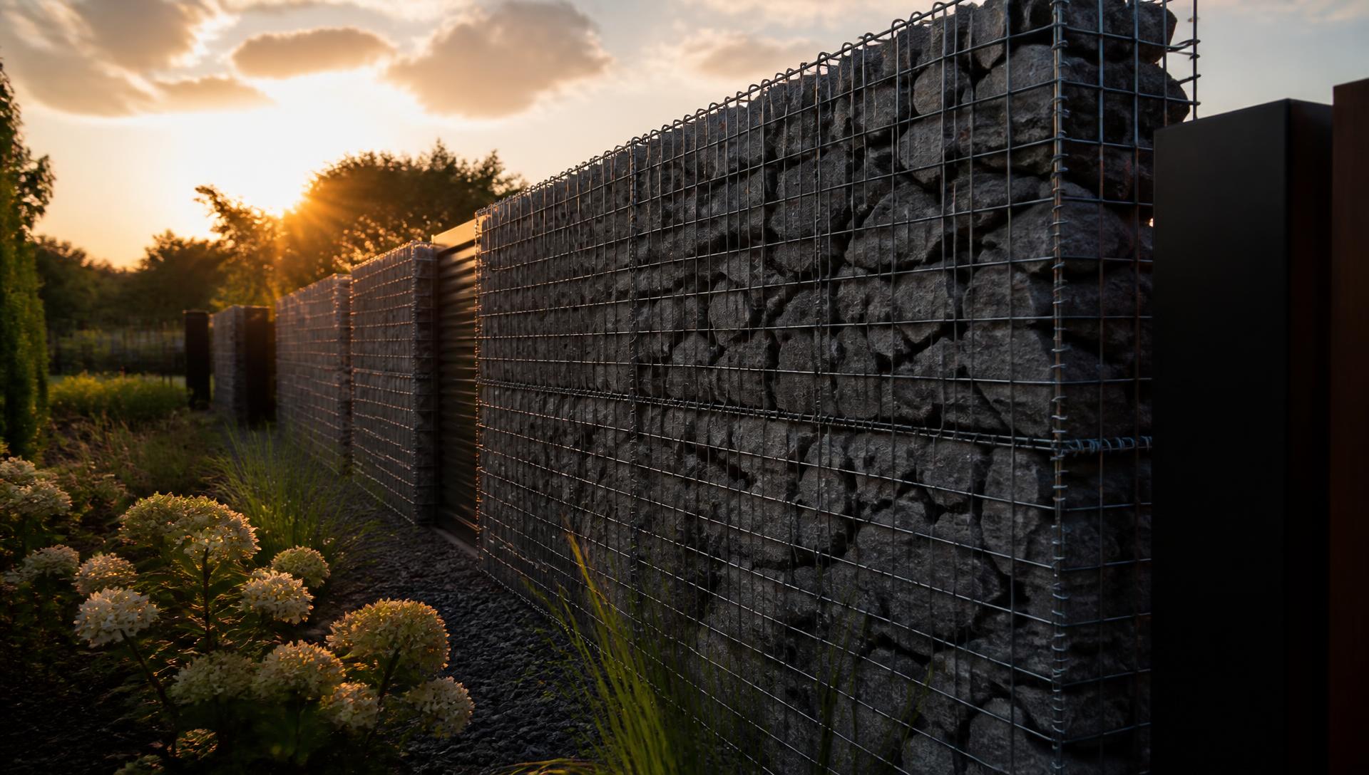 Gabionový plot při západu slunce – realizace J.T. GABIONY